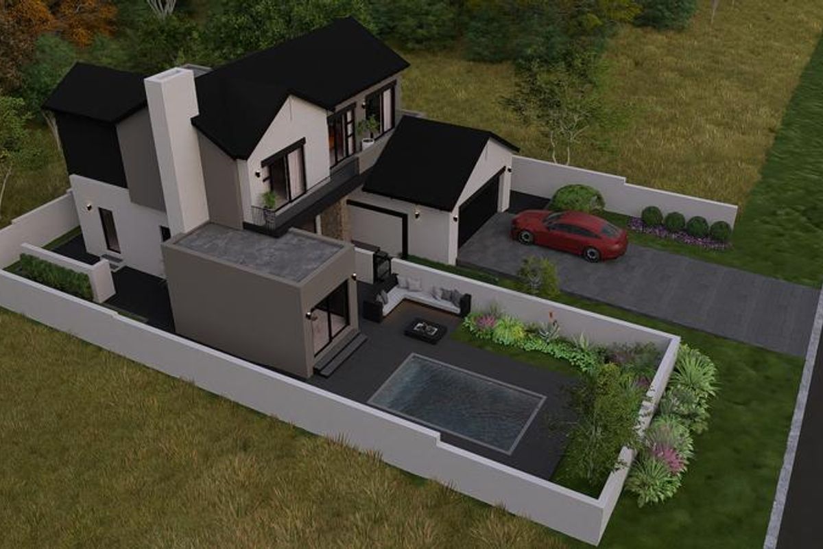 Aerial view of a modern two-story residential property featuring a swimming pool, private garden, double garage, and secure boundary walling.