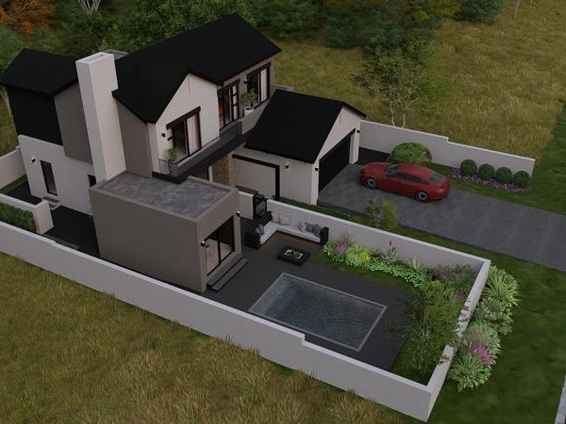 Aerial view of a modern two-story residential property featuring a swimming pool, private garden, double garage, and secure boundary walling.