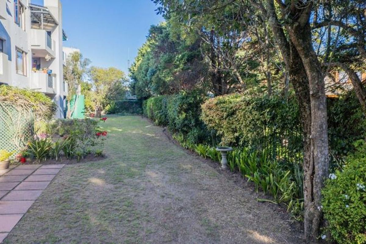A private rear garden area featuring a paved patio section, established trees, and a long lawn bordered by mature hedges.