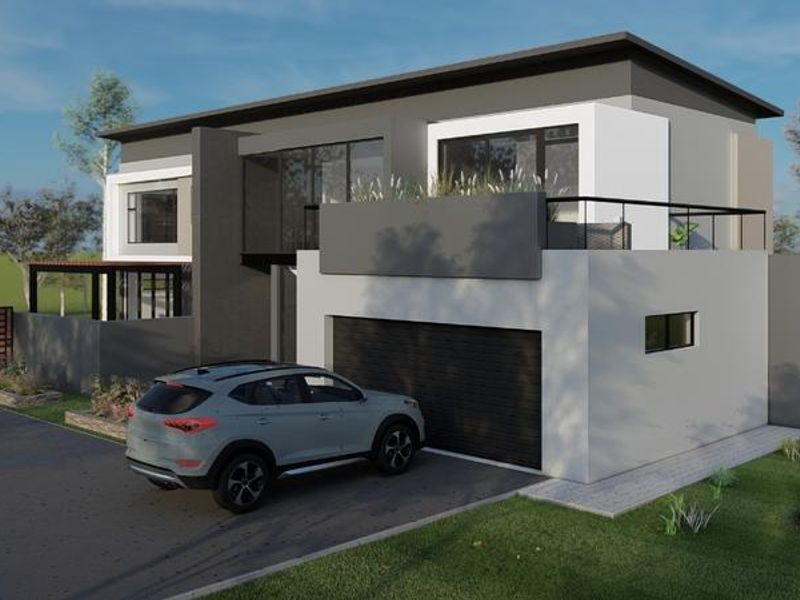 Modern double-story residential property featuring a sleek contemporary facade, integrated double garage, and an upper-level balcony with clean architectural lines.
