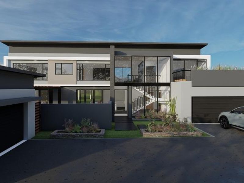 A modern double-story architectural home featuring a sleek facade, large glass windows, a double garage, and a paved driveway.