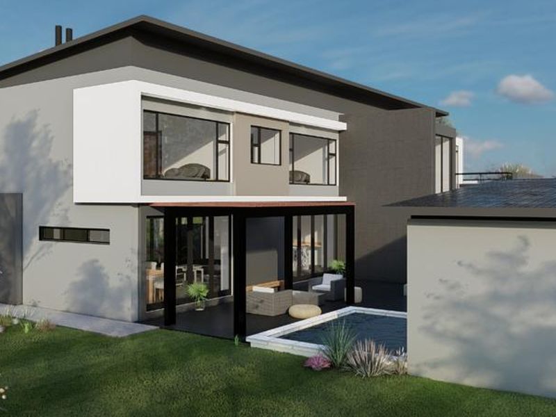 Modern two-story residential exterior featuring a covered patio, swimming pool, and contemporary architectural design with large windows.