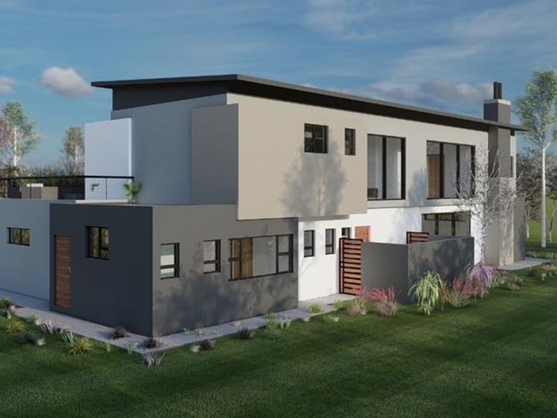 A modern two-story residential exterior featuring a flat roof, chimney, and a private balcony with glass balustrades, set within a landscaped garden.