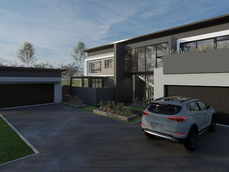 A modern architectural rendering of a contemporary double-story house featuring a paved driveway, multiple garages, and a sleek, minimalist facade.