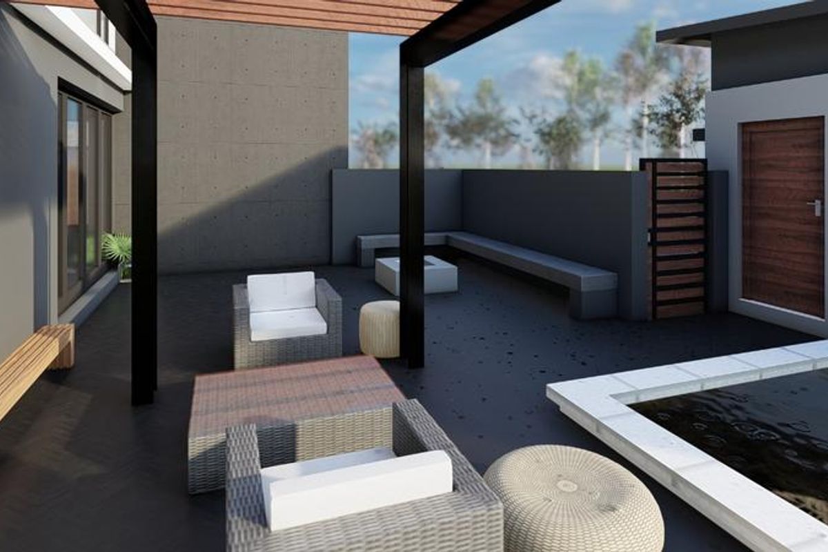 Modern outdoor patio area featuring a pergola, built-in bench seating, and a sleek water feature, perfect for outdoor entertaining.