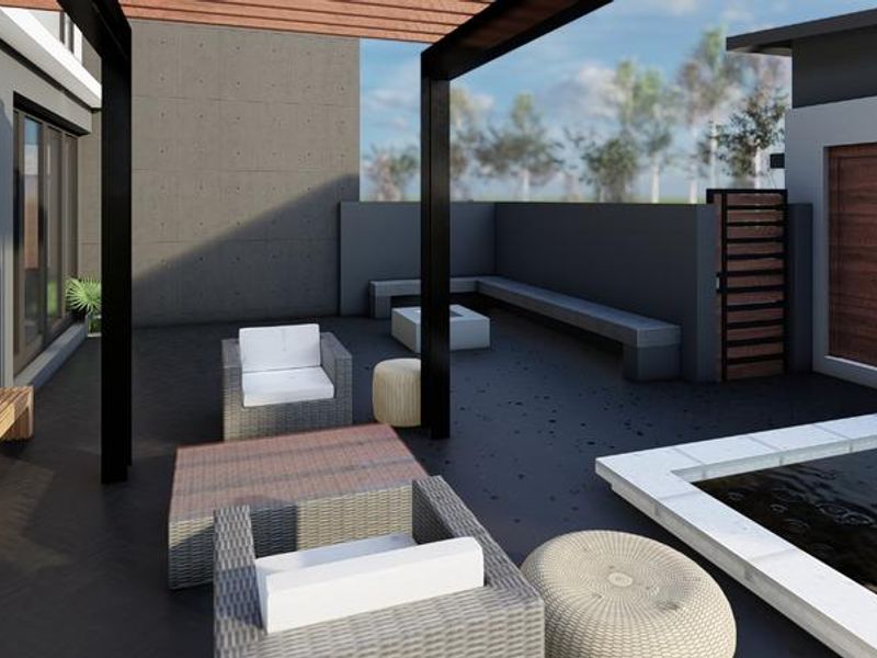 Modern outdoor patio area featuring a pergola, built-in bench seating, and a sleek water feature, perfect for outdoor entertaining.
