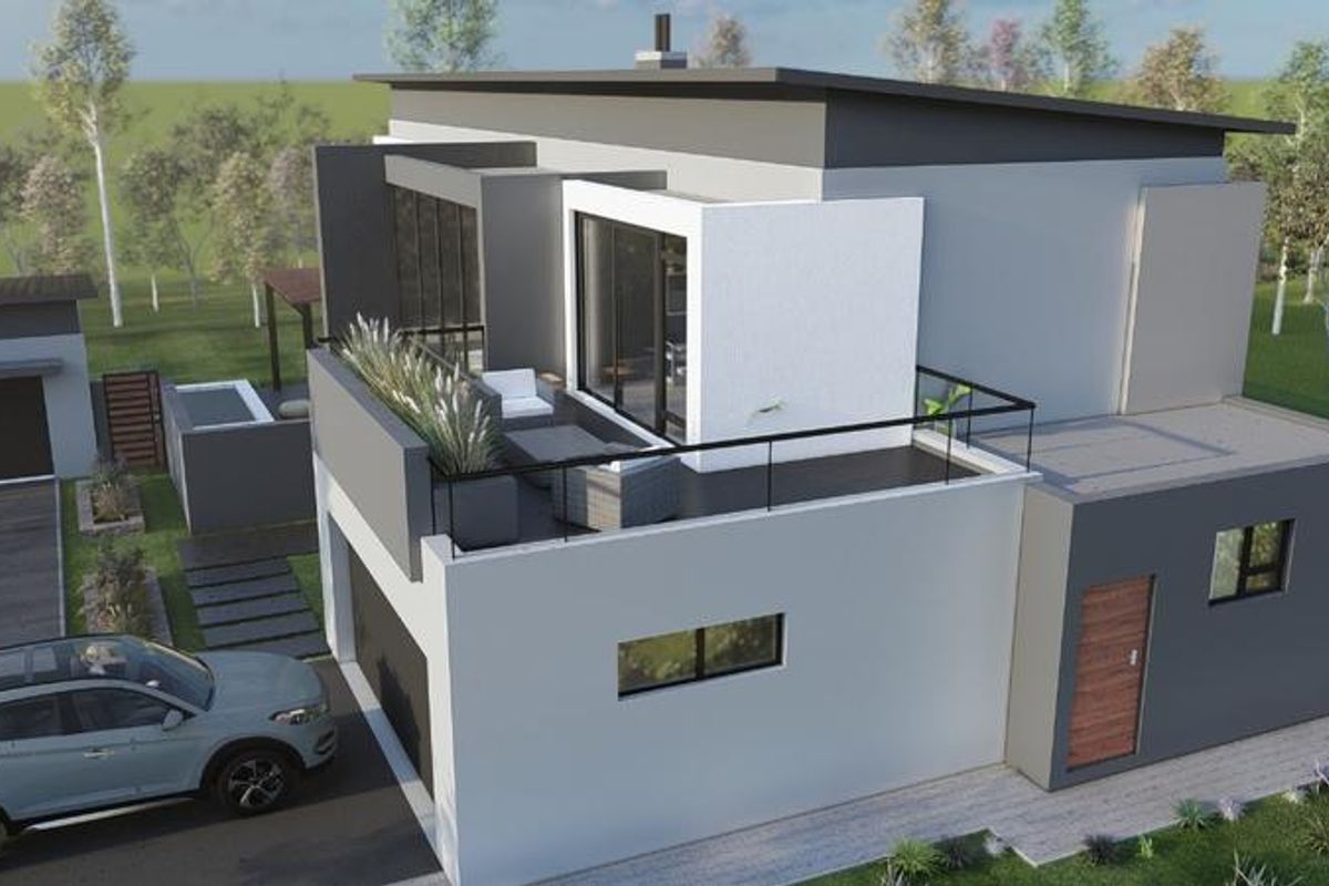 An aerial perspective of a modern two-story house featuring a flat roof, a spacious upper-level balcony with glass railings, and an attached garage.
