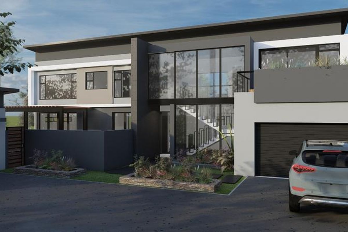 Modern double-story residential facade featuring a large glass entrance, contemporary flat roof design, and a paved driveway with integrated garden beds.