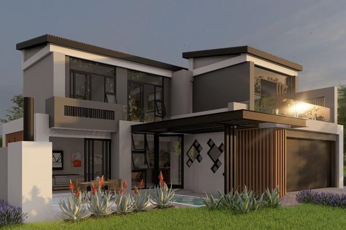 A modern double-storey residential exterior featuring a covered patio, swimming pool, and contemporary architectural finishes with glass balustrades and timber accents.