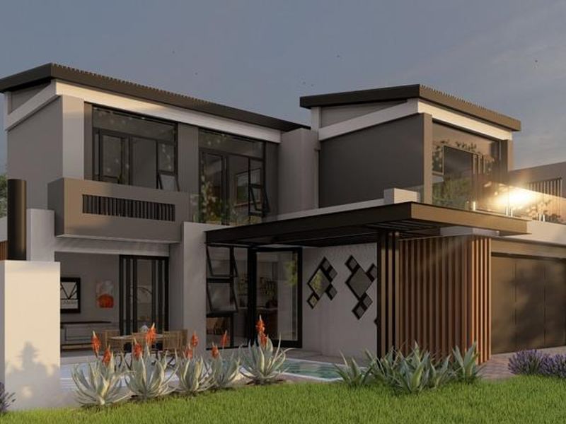 A modern double-storey residential exterior featuring a covered patio, swimming pool, and contemporary architectural finishes with glass balustrades and timber accents.