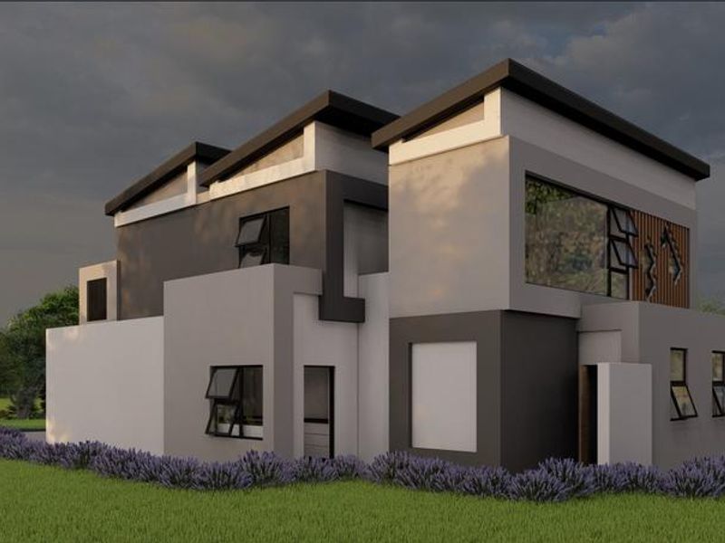 A modern two-story residential property featuring a contemporary architectural design with clean lines, contrasting grey and white tones, and large casement windows.