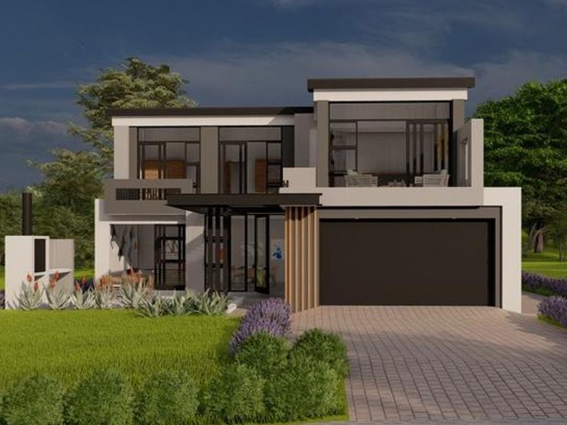 A modern double-storey residential home featuring a paved driveway, integrated garage, outdoor fireplace, and expansive glass windows set within a landscaped garden.