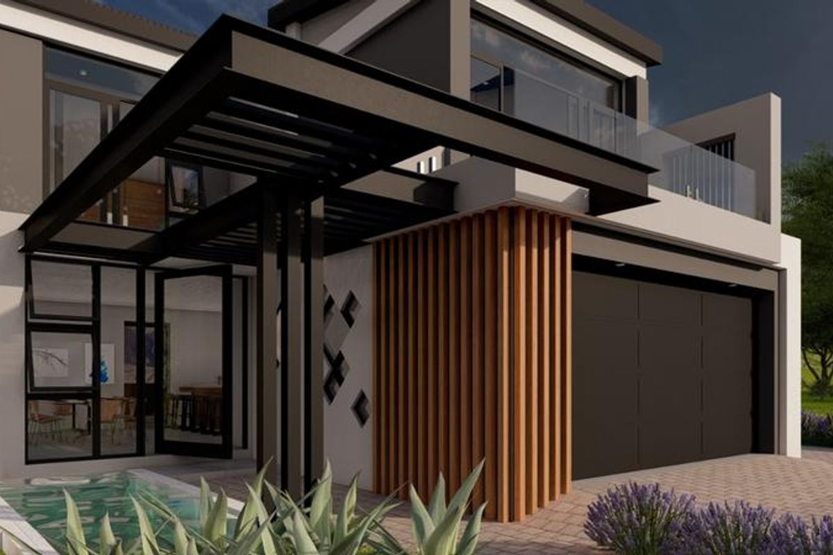 Modern architectural front facade featuring a steel pergola, timber slat accents, glass balcony railing, and a double garage.