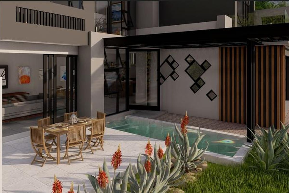 Modern outdoor living area featuring a sleek plunge pool, covered patio with bi-fold doors, and contemporary timber slat architectural detailing.