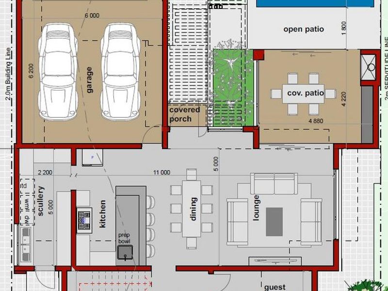 Architectural floor plan showing a spacious layout with open-plan living areas, a double garage, guest suite, and outdoor patio with a swimming pool.