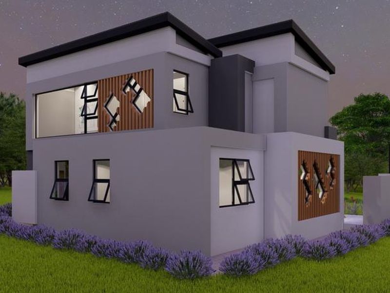 A modern two-story residential property featuring contemporary architectural design, timber slat accents, and large casement windows set in a landscaped garden.
