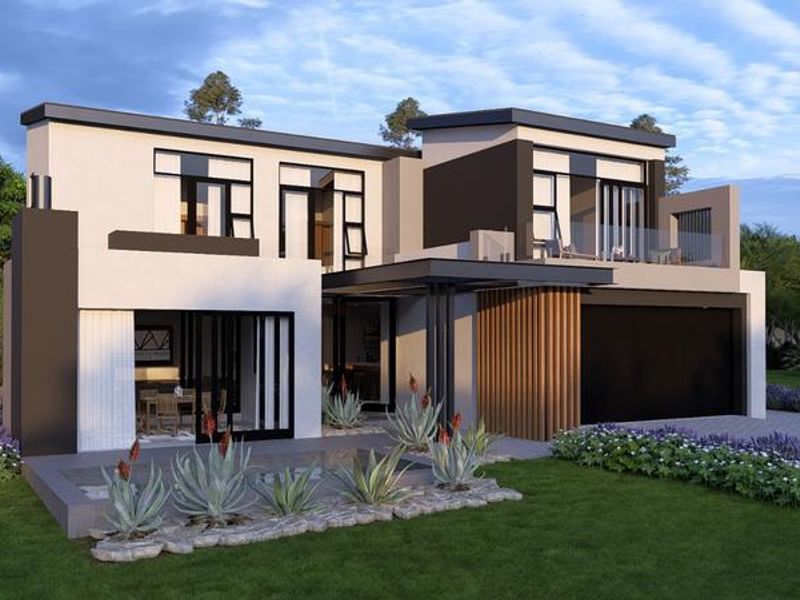 A modern two-story residential home featuring a contemporary facade, timber accents, glass balcony, and a well-maintained landscaped garden.