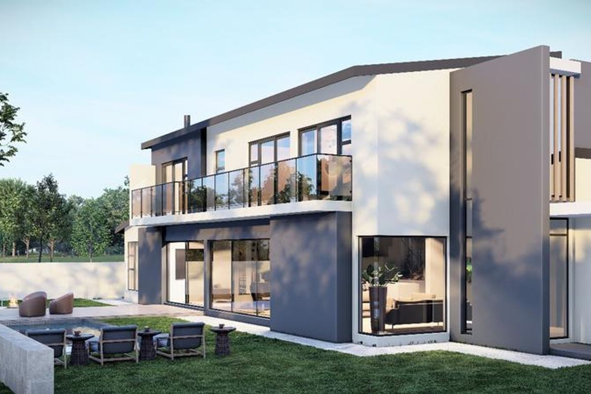 Modern two-story residence featuring a rear garden, swimming pool, paved patio, and an upper-level balcony with glass balustrades.
