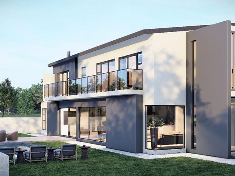 Modern two-story residence featuring a rear garden, swimming pool, paved patio, and an upper-level balcony with glass balustrades.