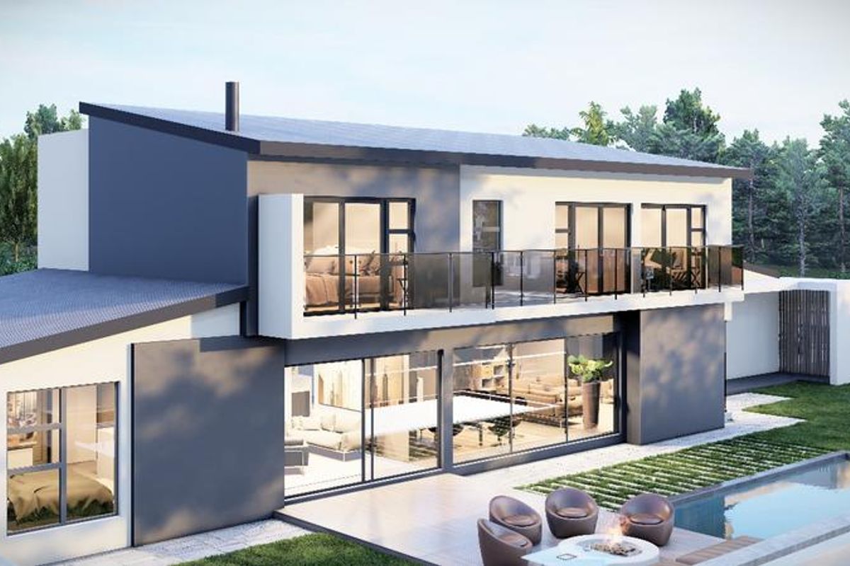 Modern two-story residence featuring a rear patio, swimming pool, and upper-level balcony with glass balustrades and expansive sliding glass doors.