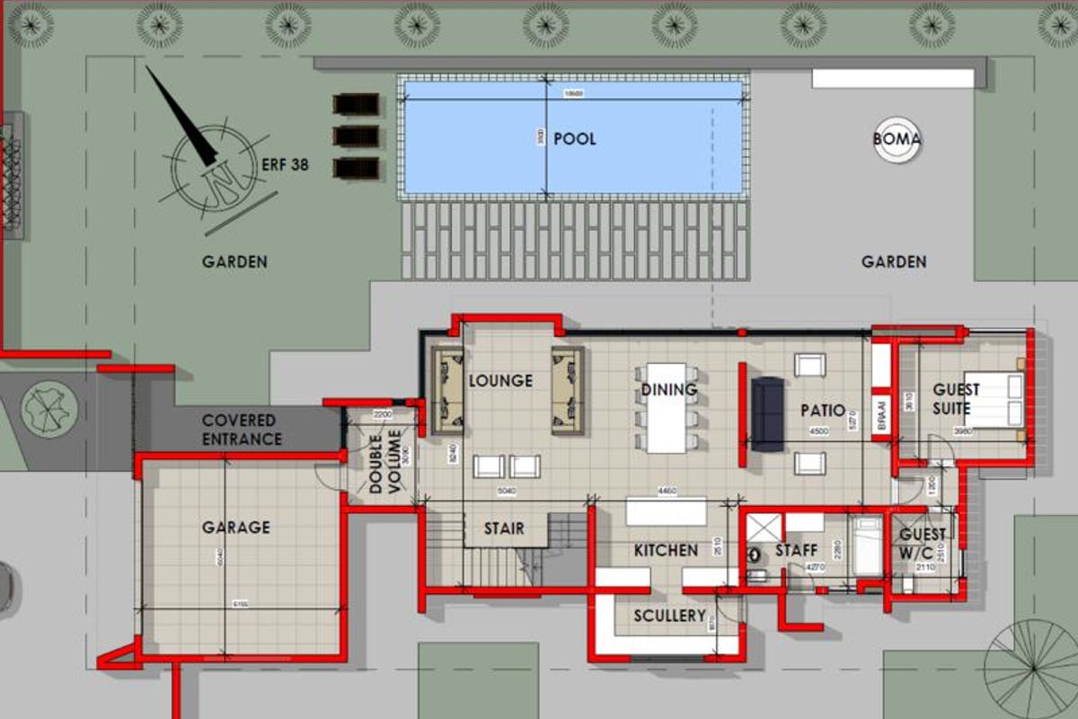 Architectural floor plan showing the layout of the house, including the garage, living areas, kitchen, scullery, guest suite, pool, and garden.