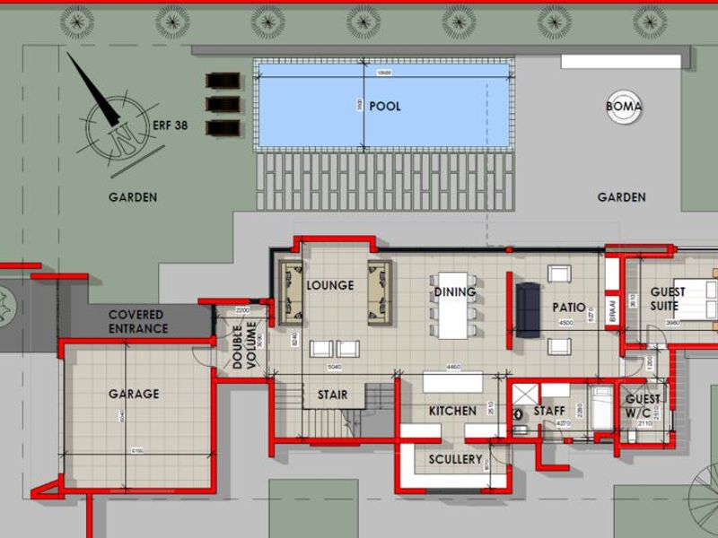 Architectural floor plan showing the layout of the house, including the garage, living areas, kitchen, scullery, guest suite, pool, and garden.