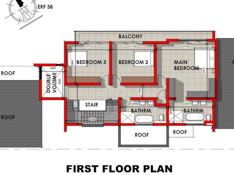 Architectural first floor plan showing three bedrooms, two bathrooms, a central staircase, and a balcony.
