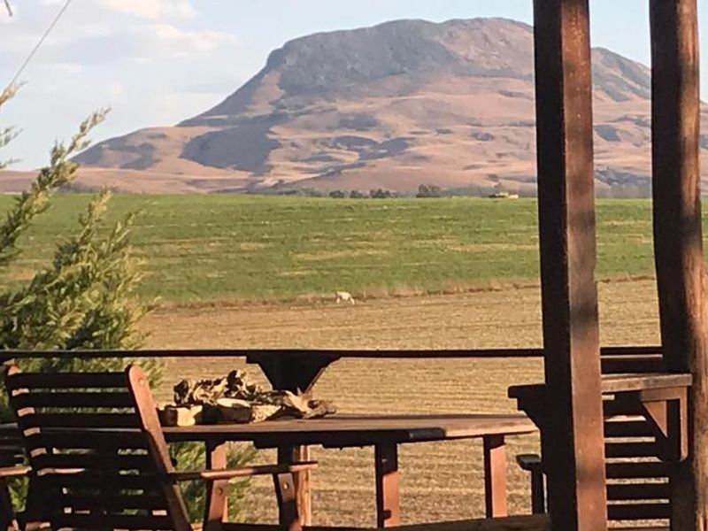 Scenic view from a timber deck overlooking expansive farm fields and distant mountains.
