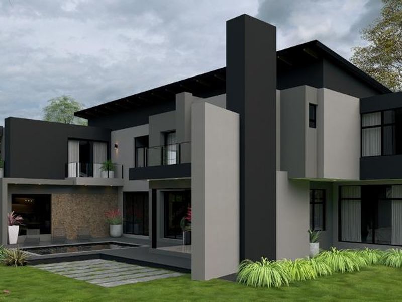 Modern double-story residence featuring a contemporary dark and grey facade, stone cladding accents, a private swimming pool, and a spacious rear patio area.