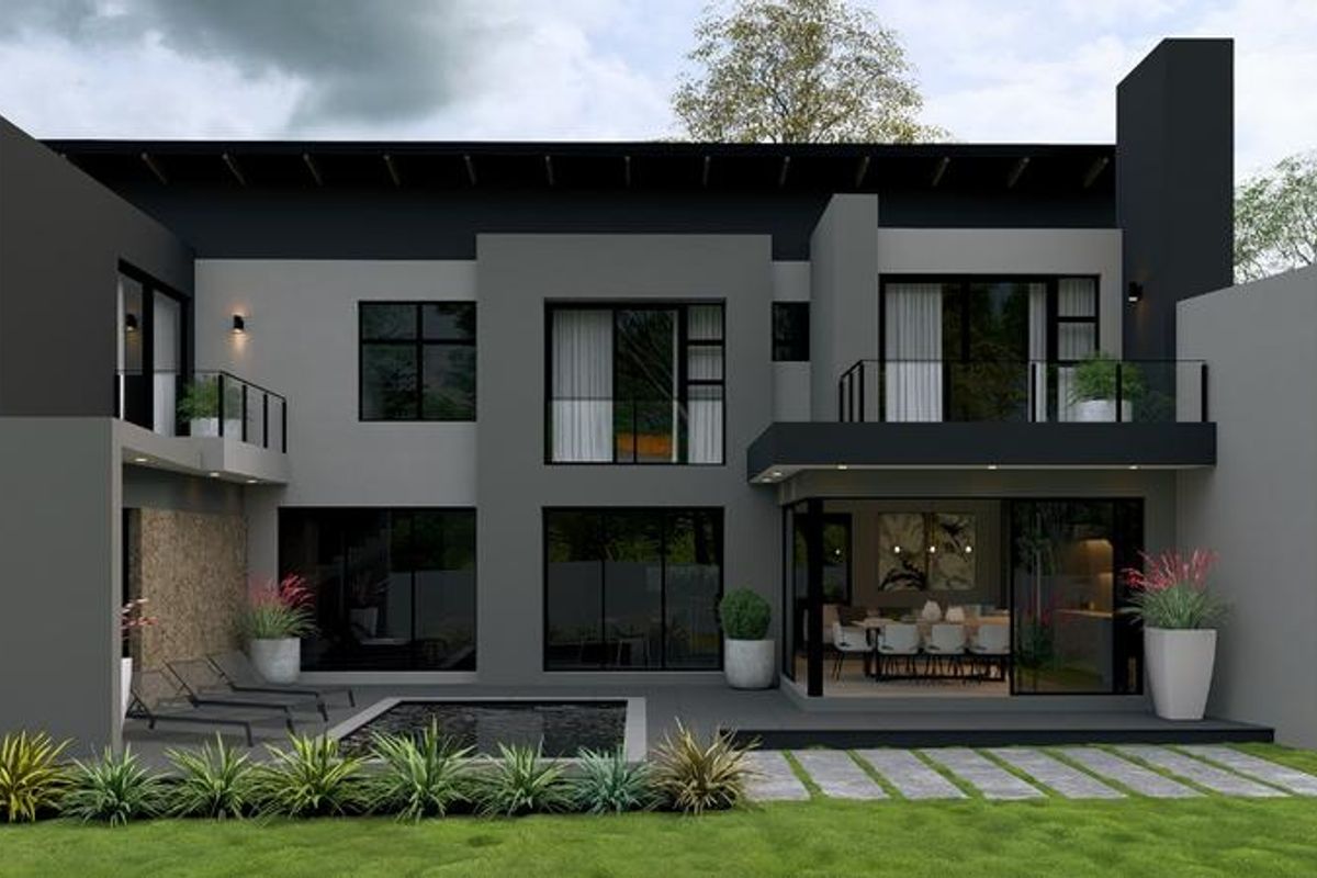 Modern rear elevation featuring a swimming pool, paved patio, glass sliding doors, and upper-level balconies with contemporary architectural finishes.