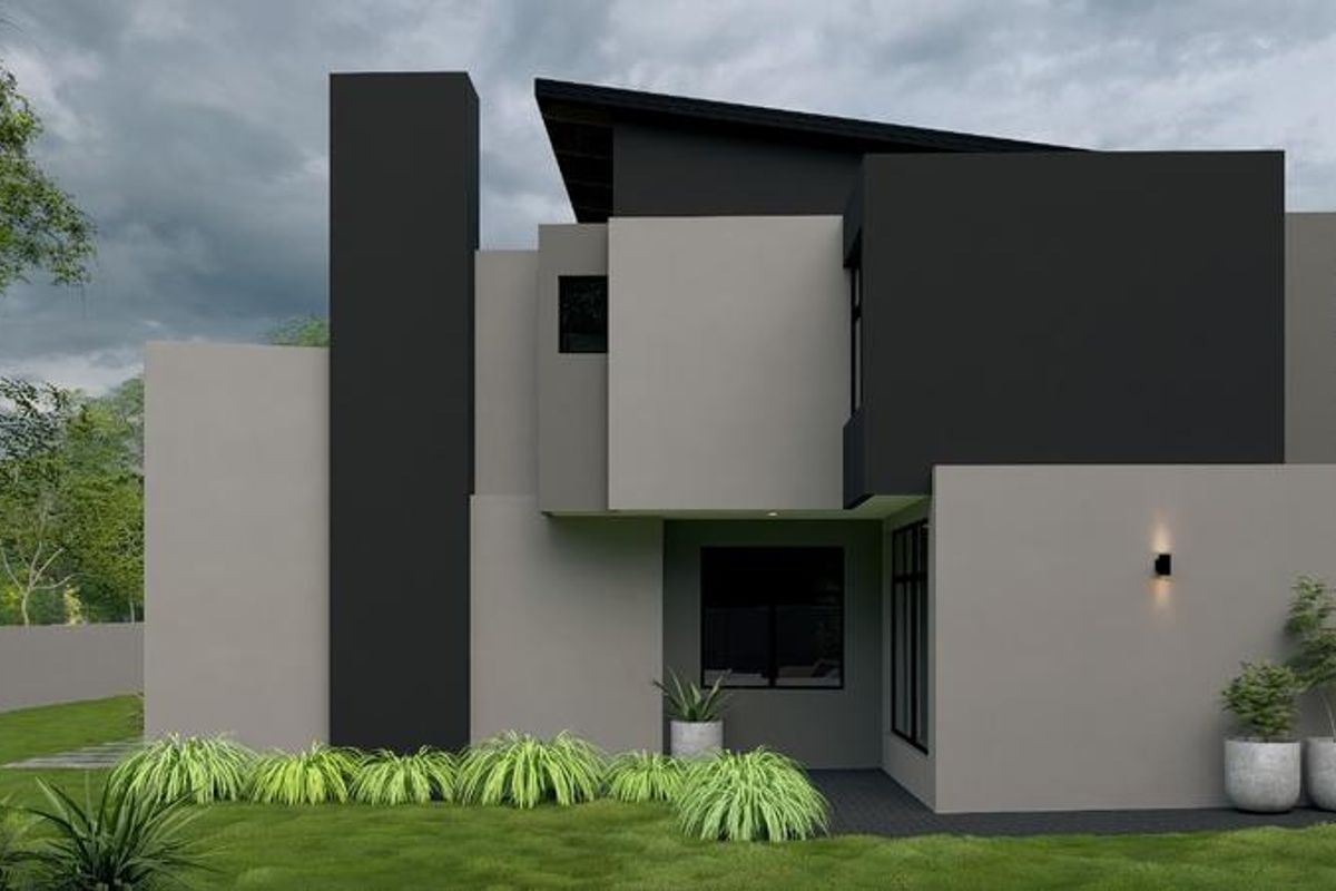 A modern two-story residential exterior featuring a contemporary flat roof design, clean geometric lines, and a minimalist grey and black color palette.