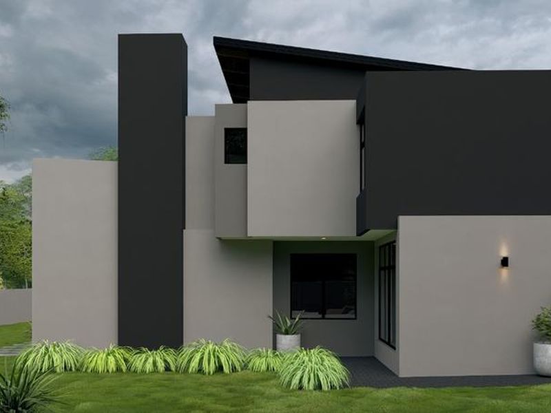 A modern two-story residential exterior featuring a contemporary flat roof design, clean geometric lines, and a minimalist grey and black color palette.