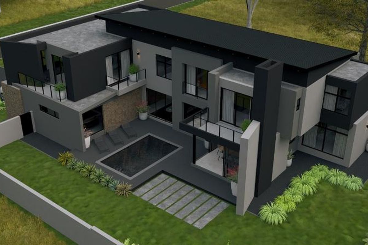 Aerial view of a modern two-story residential property featuring a swimming pool, private balconies, and landscaped garden areas.