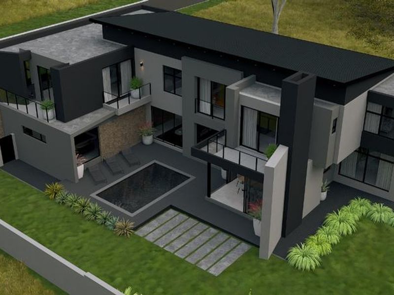 Aerial view of a modern two-story residential property featuring a swimming pool, private balconies, and landscaped garden areas.