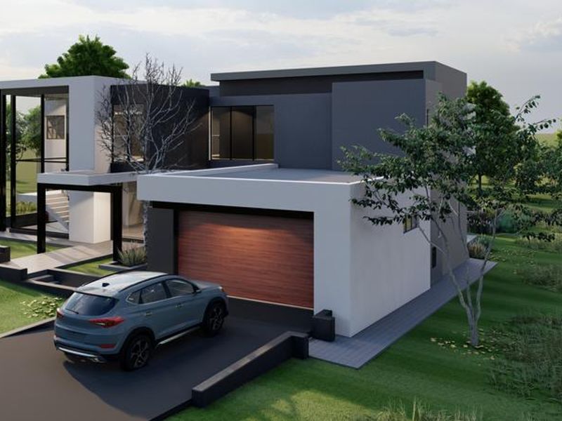 A modern architectural rendering of a contemporary house featuring a double garage, clean lines, and a landscaped exterior.