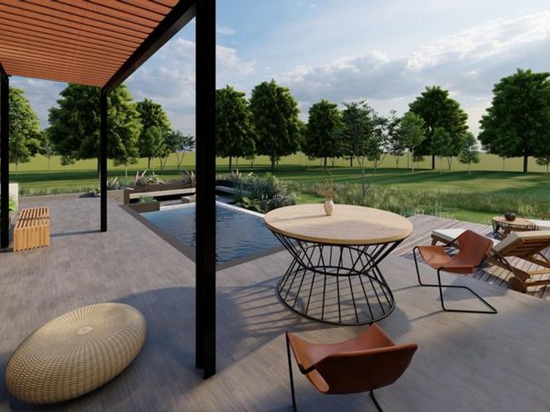 Modern outdoor entertainment area featuring a swimming pool, timber decking, and a covered patio overlooking a spacious landscaped garden.