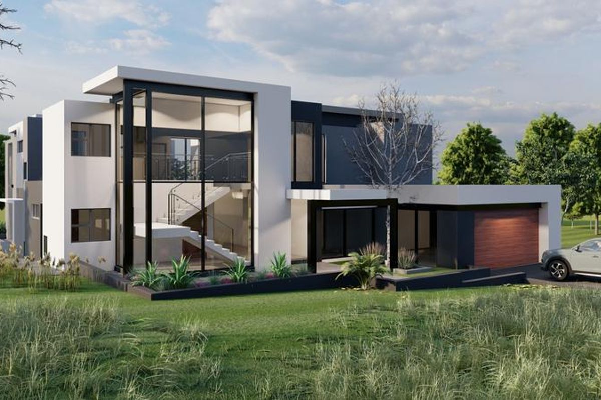 A modern double-storey architectural home featuring expansive floor-to-ceiling glass windows, a sleek facade, and an integrated garage.