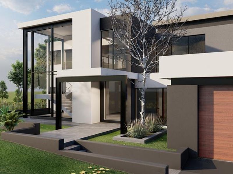 A modern architectural exterior featuring large glass windows, a sleek facade, and a clean paved entrance with a garage.