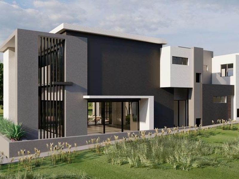 A modern architectural rear elevation featuring clean lines, contrasting dark and light finishes, large sliding glass doors, and integrated outdoor landscaping.