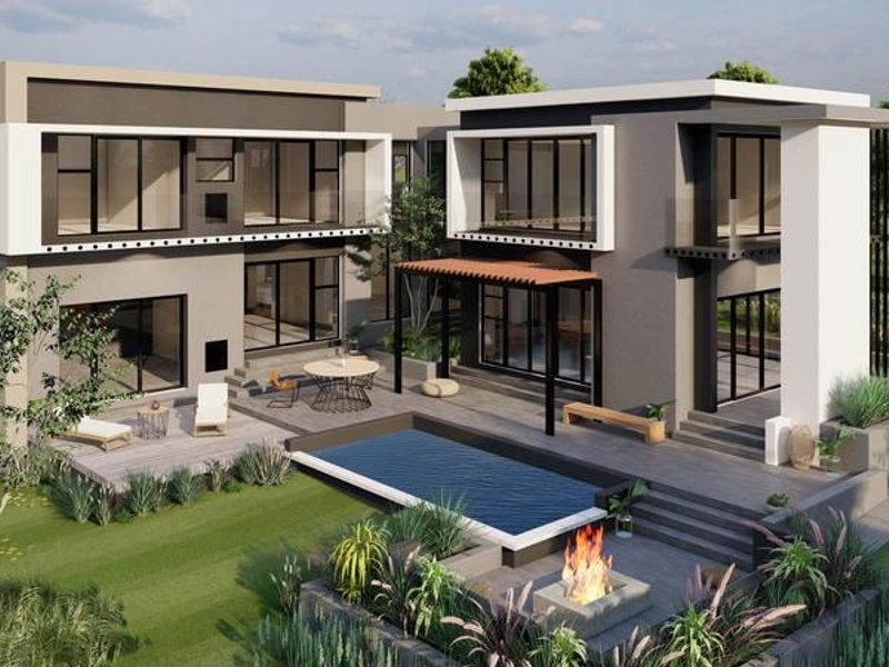 Modern architectural rear elevation featuring a swimming pool, sunken fire pit, timber decking, and expansive glass sliding doors opening to the garden.