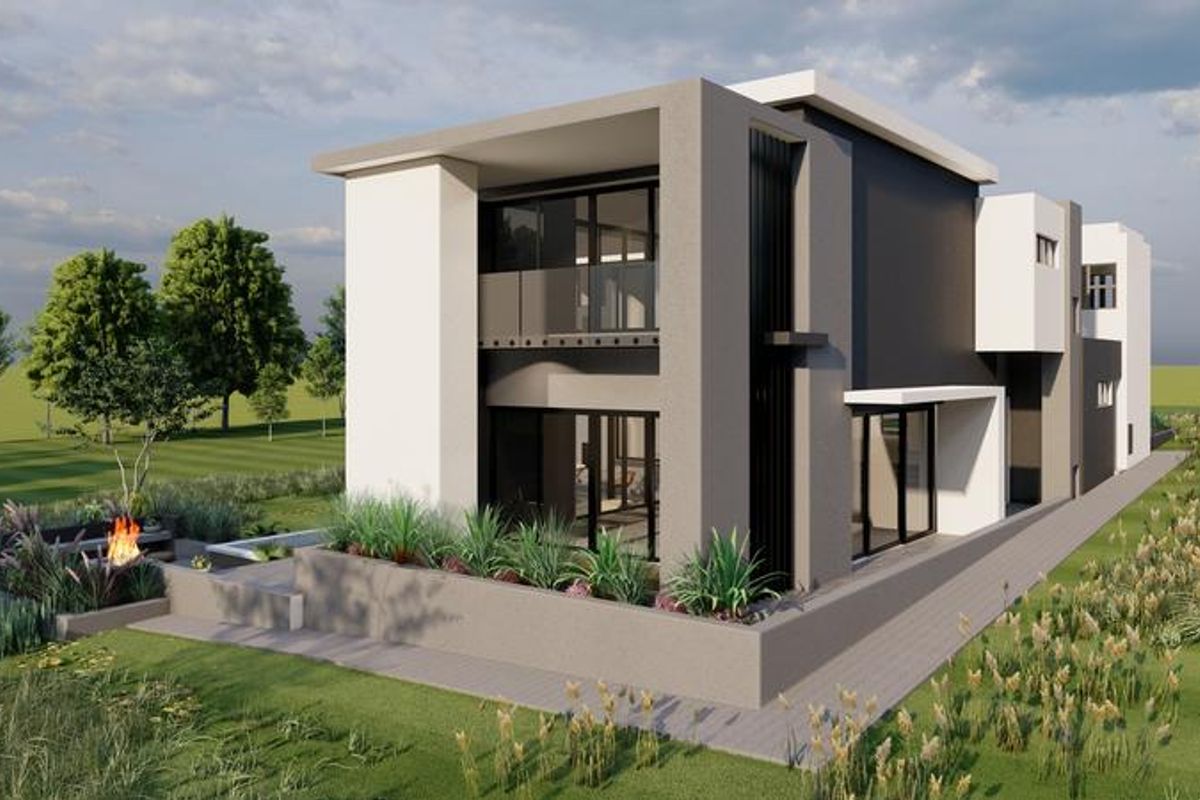 A modern two-story residential property featuring clean architectural lines, large sliding glass doors, a paved patio area, and a contemporary exterior finish.