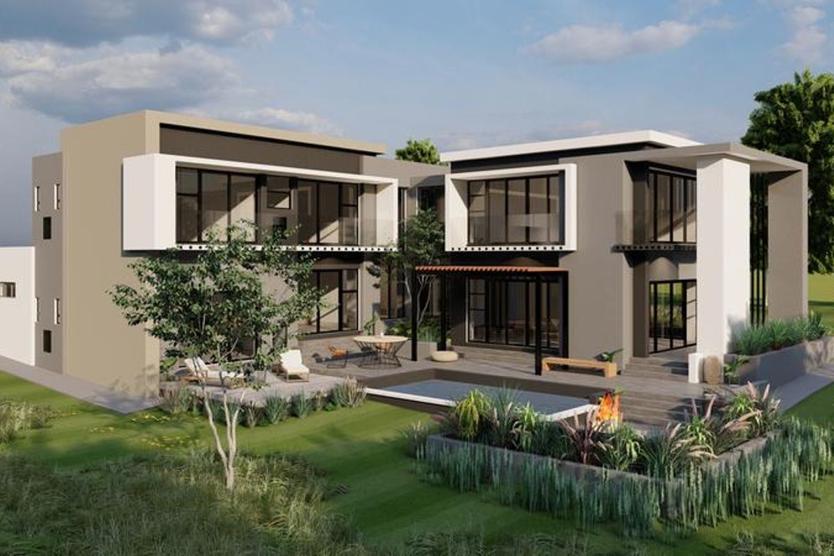 A modern two-story residential property featuring a rear patio, swimming pool, fire pit area, and expansive glass sliding doors opening to the garden.