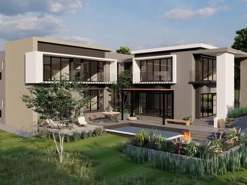 A modern two-story residential property featuring a rear patio, swimming pool, fire pit area, and expansive glass sliding doors opening to the garden.