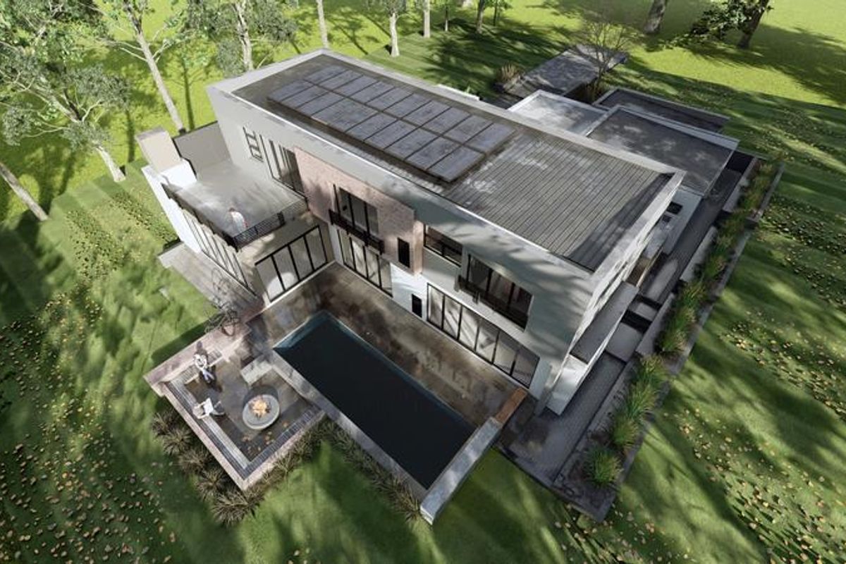 Aerial view of a modern multi-story residence featuring a flat roof with solar panels, a swimming pool, and a paved patio area.