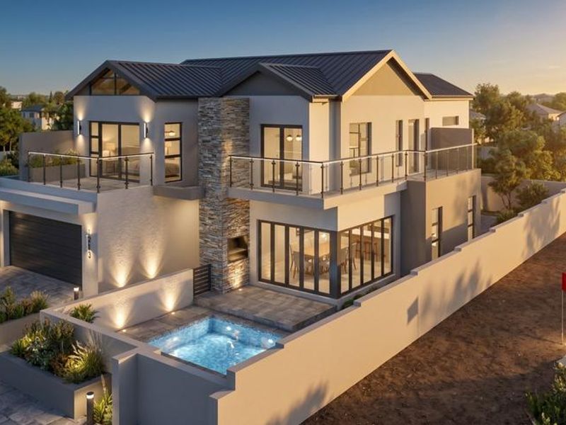 Modern double-story residential home featuring a metal roof, stone facade accents, upper-level balconies, a private plunge pool, and an integrated garage.
