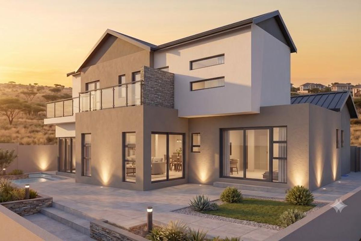 A modern double-story residence featuring a paved rear patio, swimming pool, stone accents, and large sliding doors opening to the living areas.