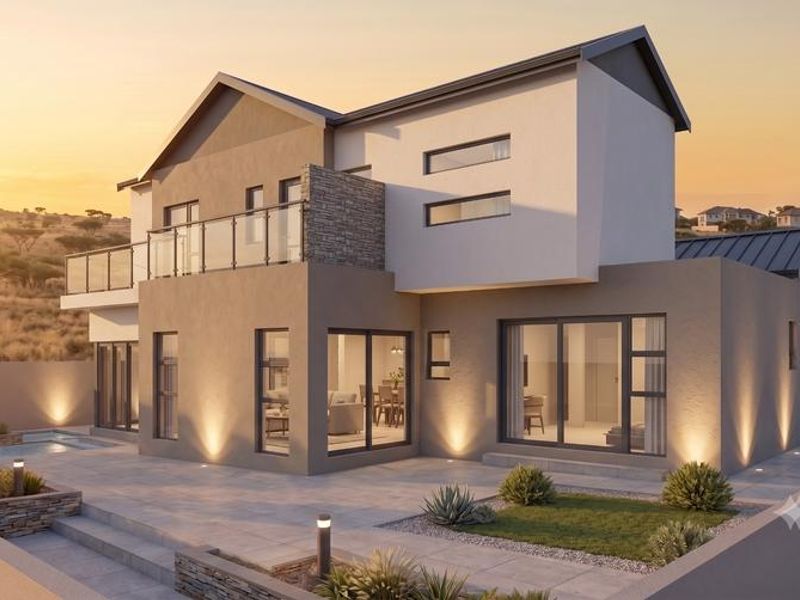 A modern double-story residence featuring a paved rear patio, swimming pool, stone accents, and large sliding doors opening to the living areas.