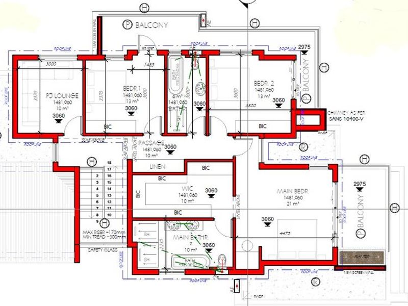 Architectural floor plan detailing the upper level layout, including bedrooms, bathrooms, walk-in closet, PJ lounge, and balcony access.