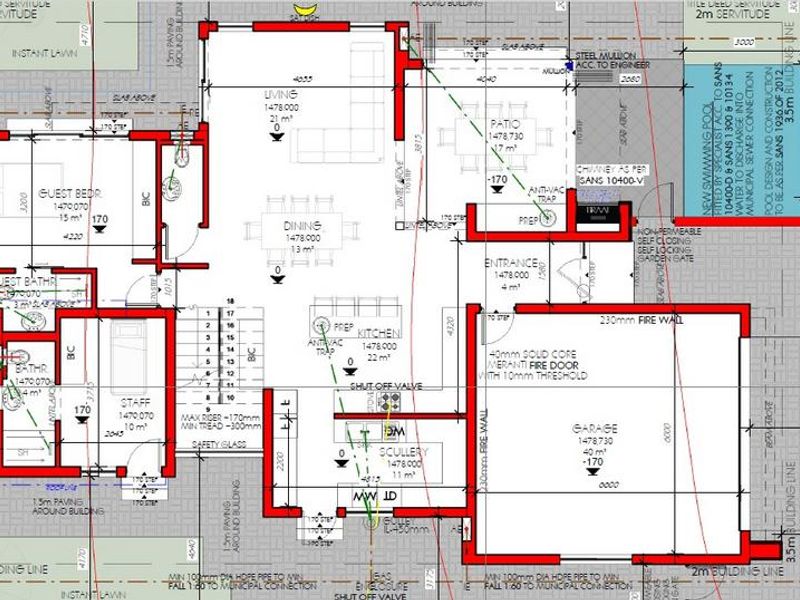 Architectural floor plan detailing the layout of the residence, including living areas, kitchen, scullery, garage, and bedroom configurations.
