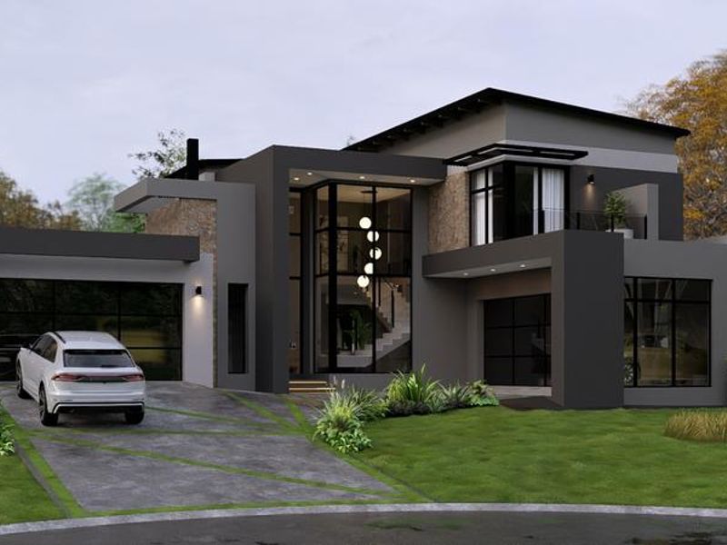 Modern contemporary double-story residence featuring a striking glass facade, double garage, paved driveway, and manicured front garden.